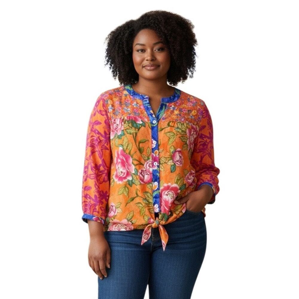 John Mark floral button down Boho tie front orange blouse size 3X
